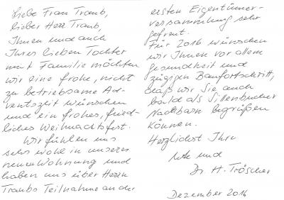 Abbildung der handschriftlichen Weihnachtspostkarte 2015 von Frau Ute T.