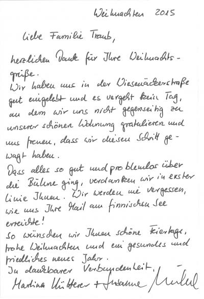 Abbildung einer handschriftlichen Dankespostkarte nach dem Einzug kurz vor Weihnachten 2015